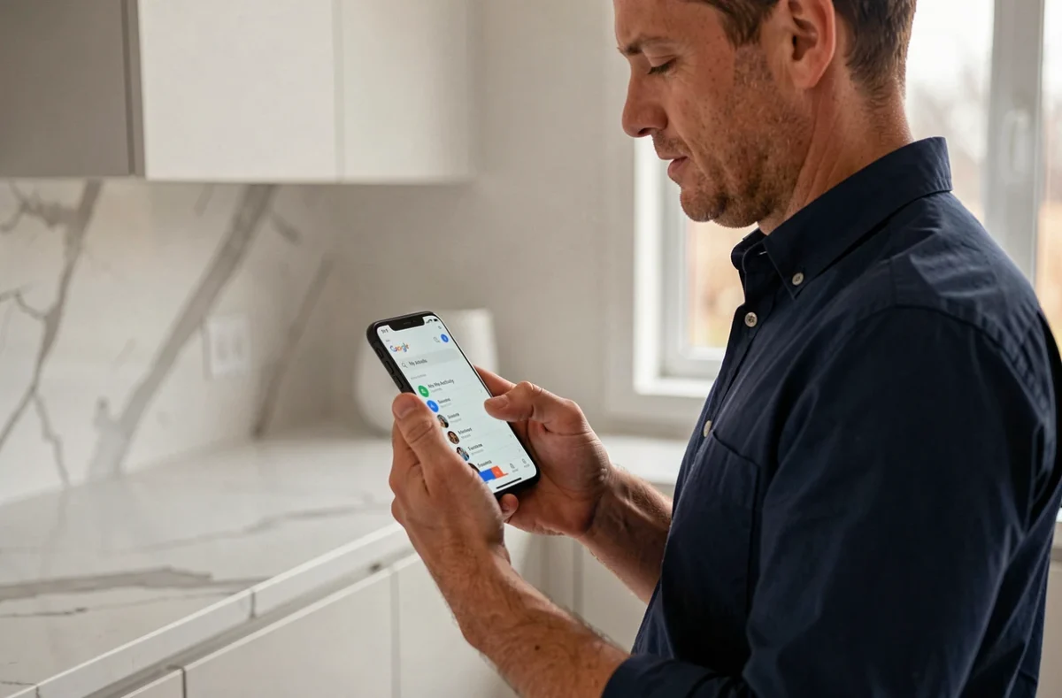 Homme consultant et gérant son historique Google sur smartphone dans une cuisine moderne