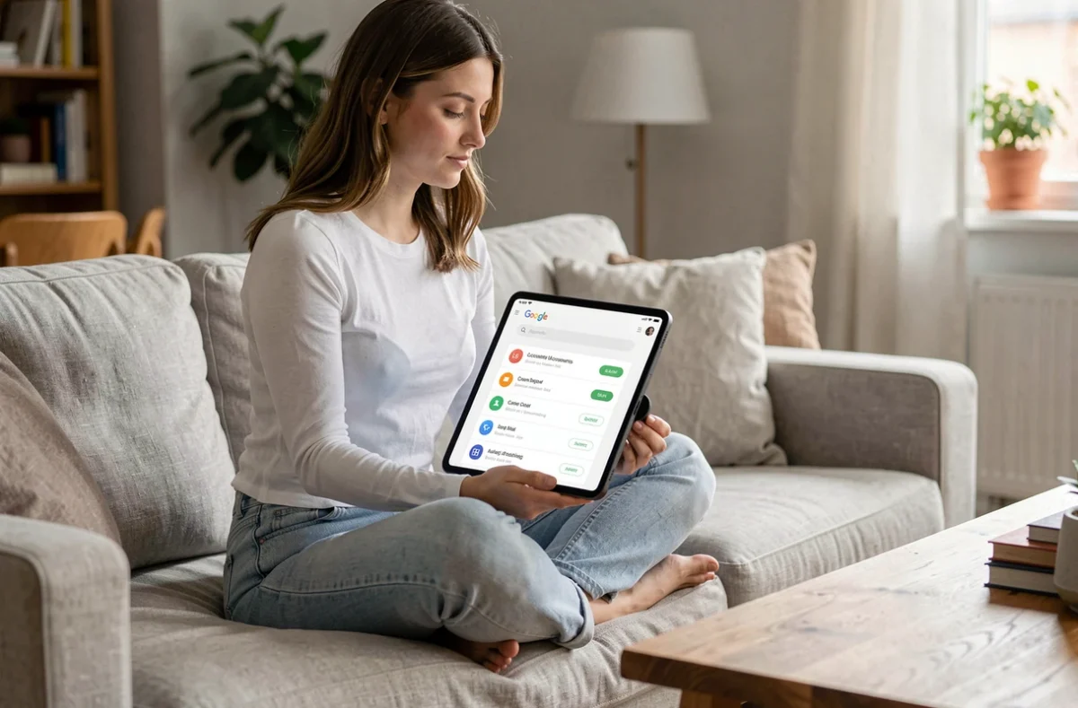 Jeune femme gérant l'historique Google sur tous ses appareils via une tablette dans un salon
