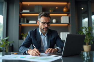 Homme d'affaires concentré devant son ordinateur en bureau moderne