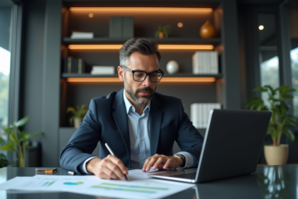 Homme d'affaires concentré devant son ordinateur en bureau moderne