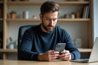 Homme analysant les performances de son iPhone 12 Pro posé dans ses mains dans un bureau à domicile