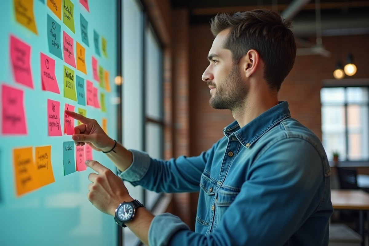 Homme pointant des notes colorées sur un mur de bureau urbain