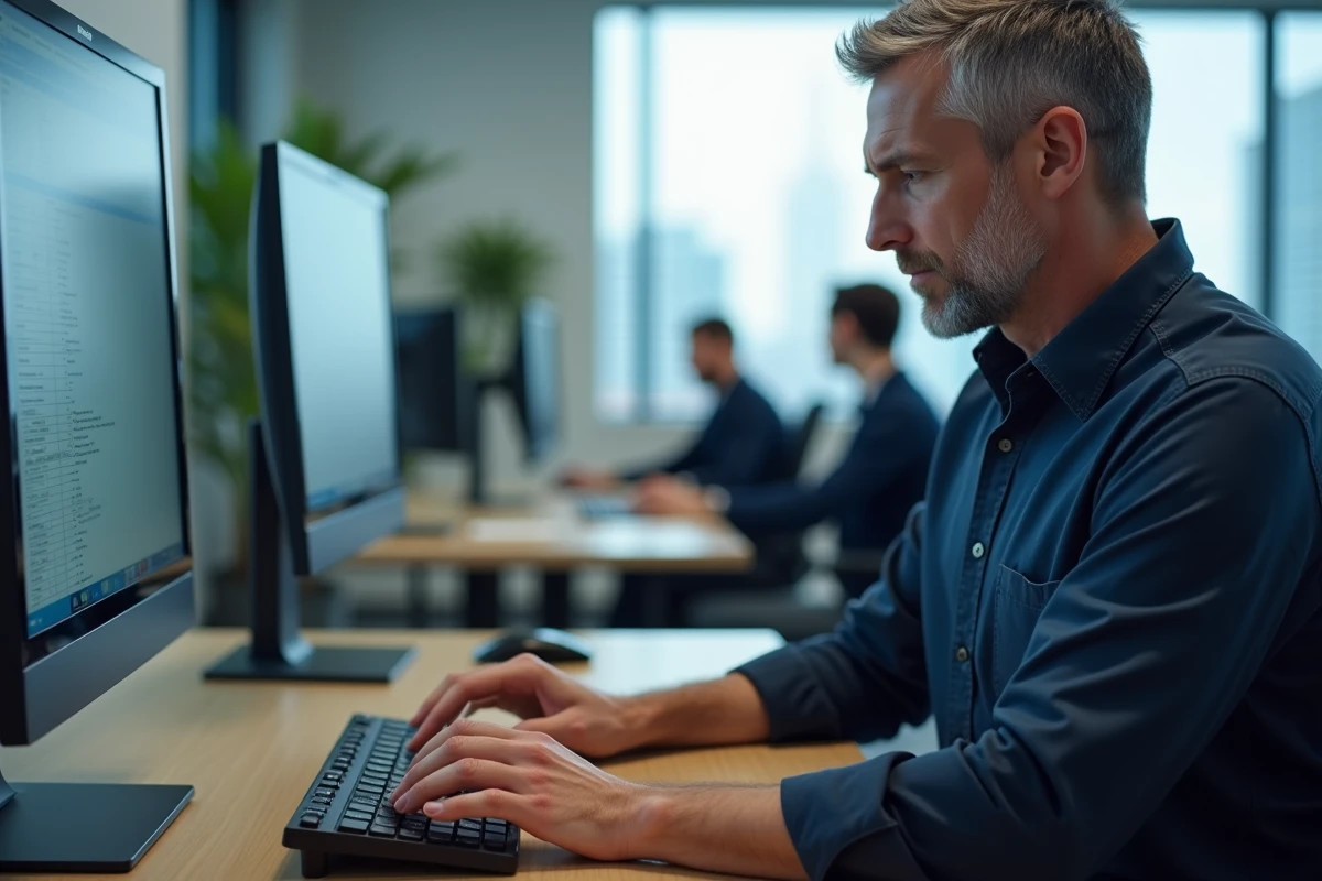 Homme au bureau tapant une combinaison de touches pour saisir un arobase sur clavier étranger