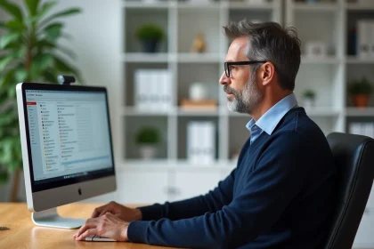 Homme d'âge moyen au bureau moderne en train de consulter ses emails