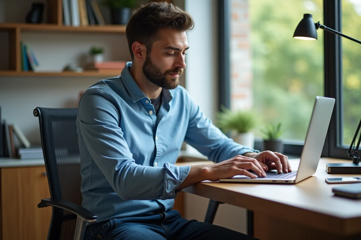 Homme en tenue décontractée travaillant sur un ordinateur dans un bureau moderne