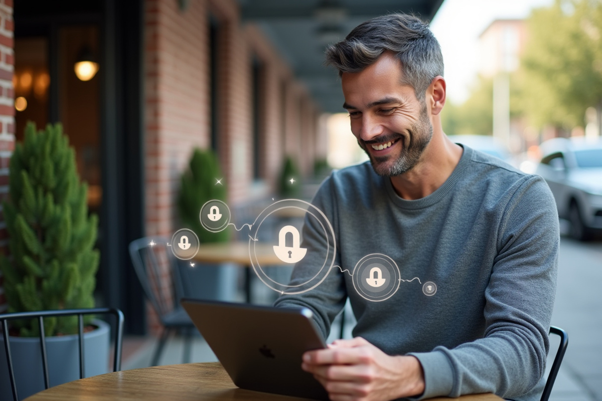 Homme au café utilisant une tablette avec icônes blockchain