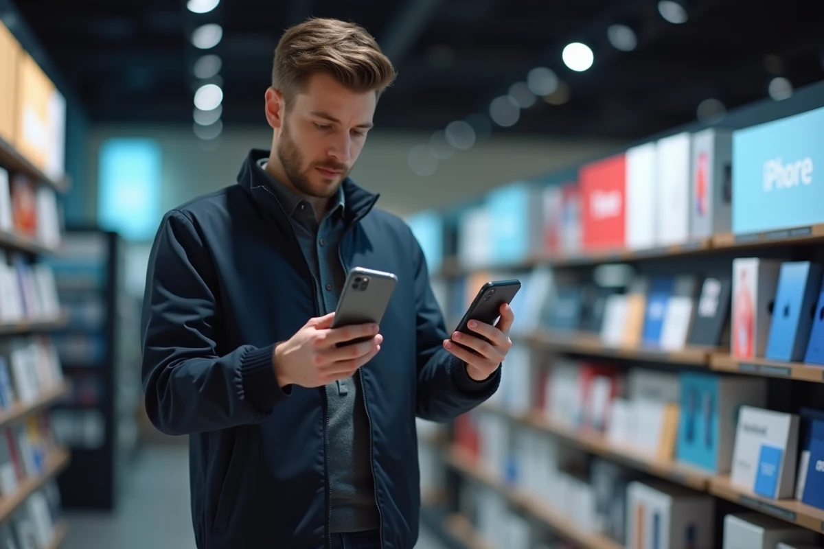 Homme comparant l'iPhone 16e à un autre smartphone dans un magasin d'électronique