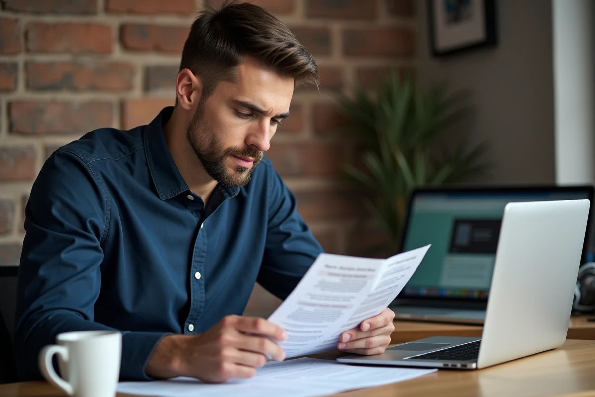 Homme comparant des offres d'hébergement web sur des documents imprimés dans un bureau à domicile moderne