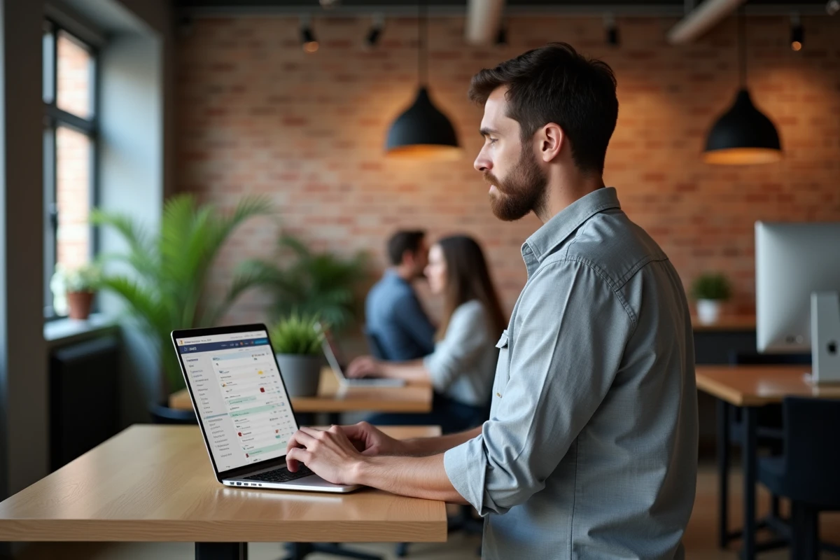 Homme debout dans un espace de coworking gérant sa boîte mail avec des étiquettes de classement colorées