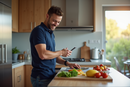 Homme souriant préparant le petit déjeuner dans une cuisine moderne