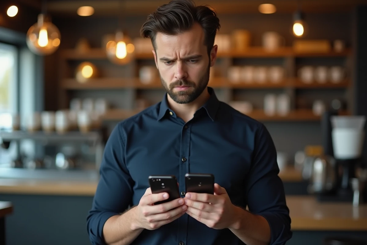Homme tenant deux smartphones dans un café pour gérer deux comptes Instagram séparés, représentant les risques de se faire repérer