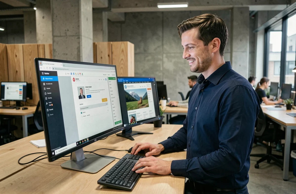 Homme envoyant des fichiers volumineux depuis un espace de coworking via un service de transfert en ligne suisse