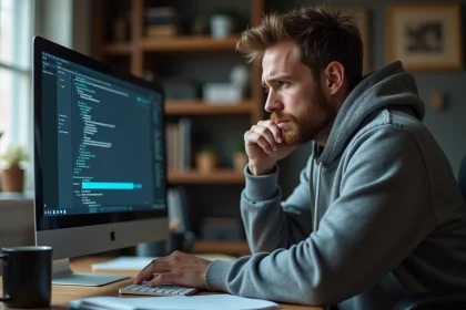Homme frustré devant un écran d'ordinateur affichant le chargement lent d'un logiciel Epsilon Soft dans un bureau à domicile