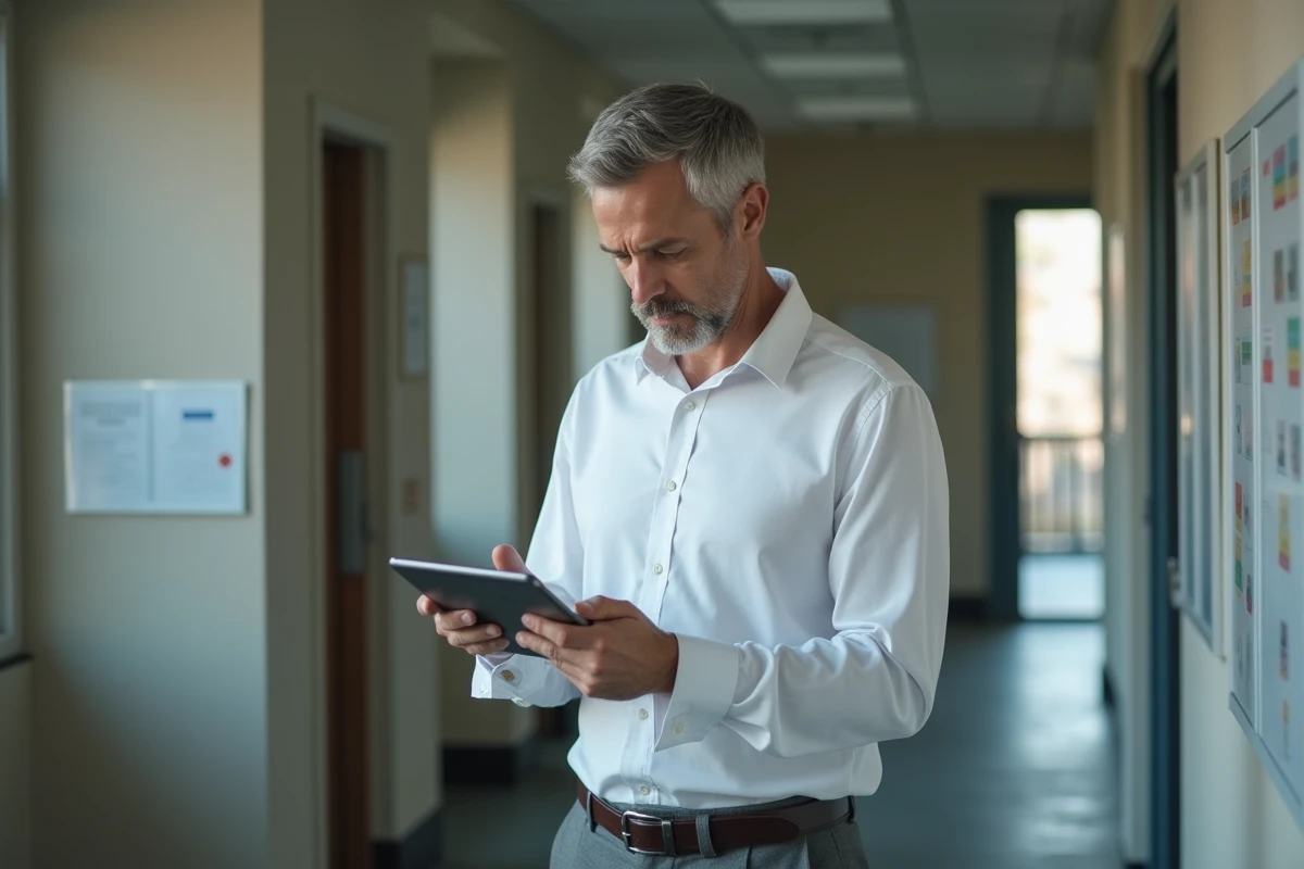 Homme d age vérifiant ses emails dans un couloir universitaire