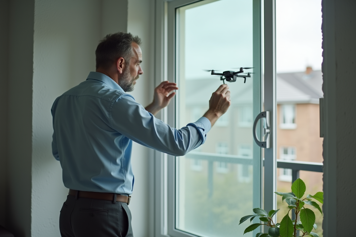 Homme ajuste un film de privacy face au drone extérieur