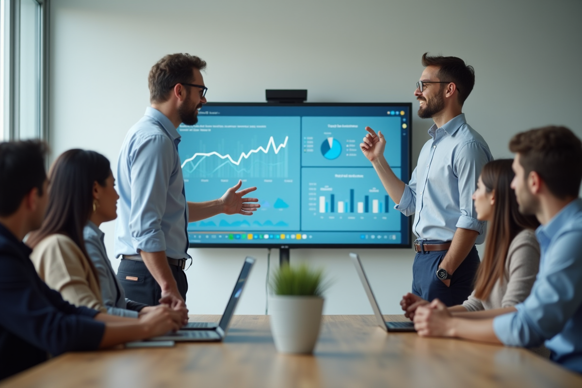Homme présentant des analyses de site web à une équipe dans une salle de réunion