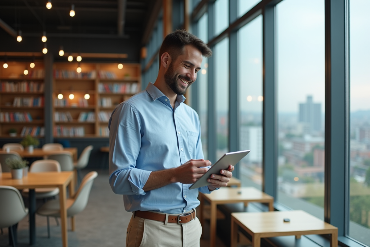 Jeune homme montrant des graphiques AI sur une tablette dans un espace de coworking