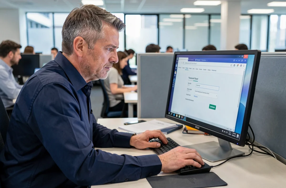 Homme en bureau professionnel tentant de réinitialiser son mot de passe webmail académique sur un ordinateur de bureau