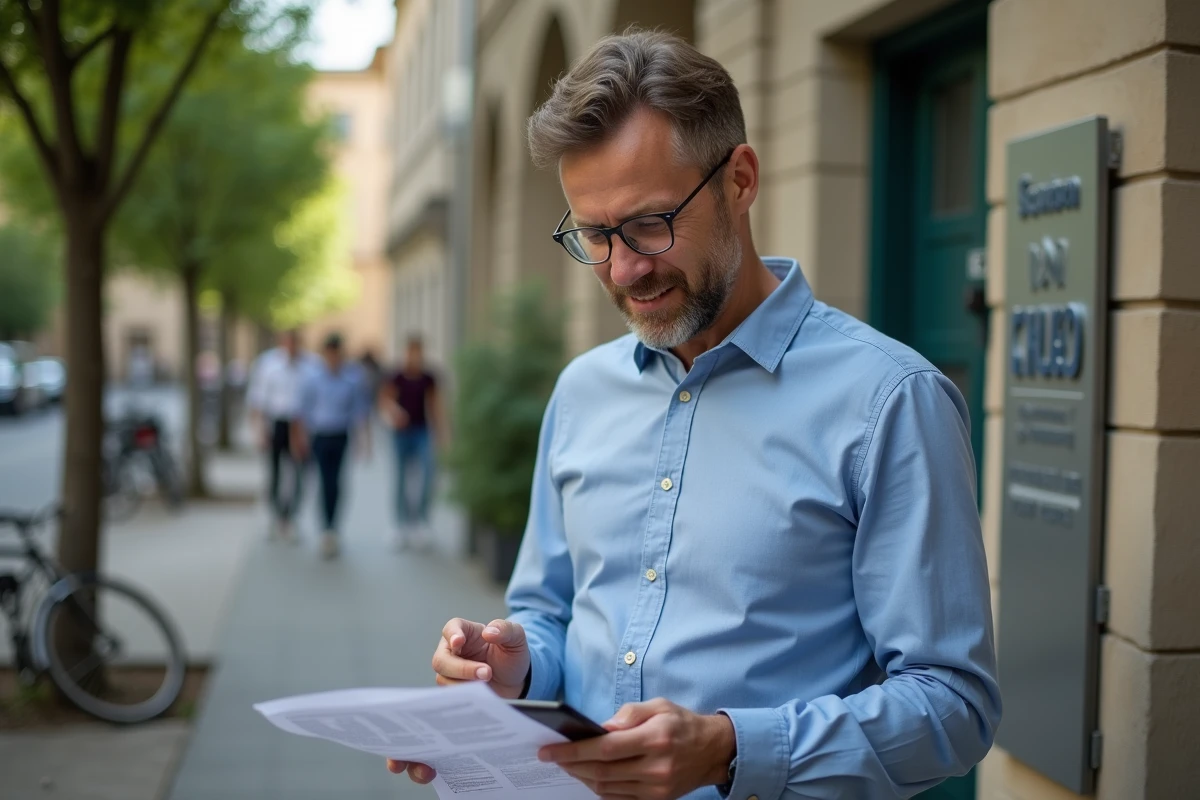 Homme lisant une instruction devant une école française en extérieur