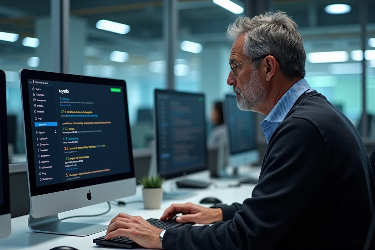 Homme vérifiant les réglages clavier sur un ordinateur en entreprise