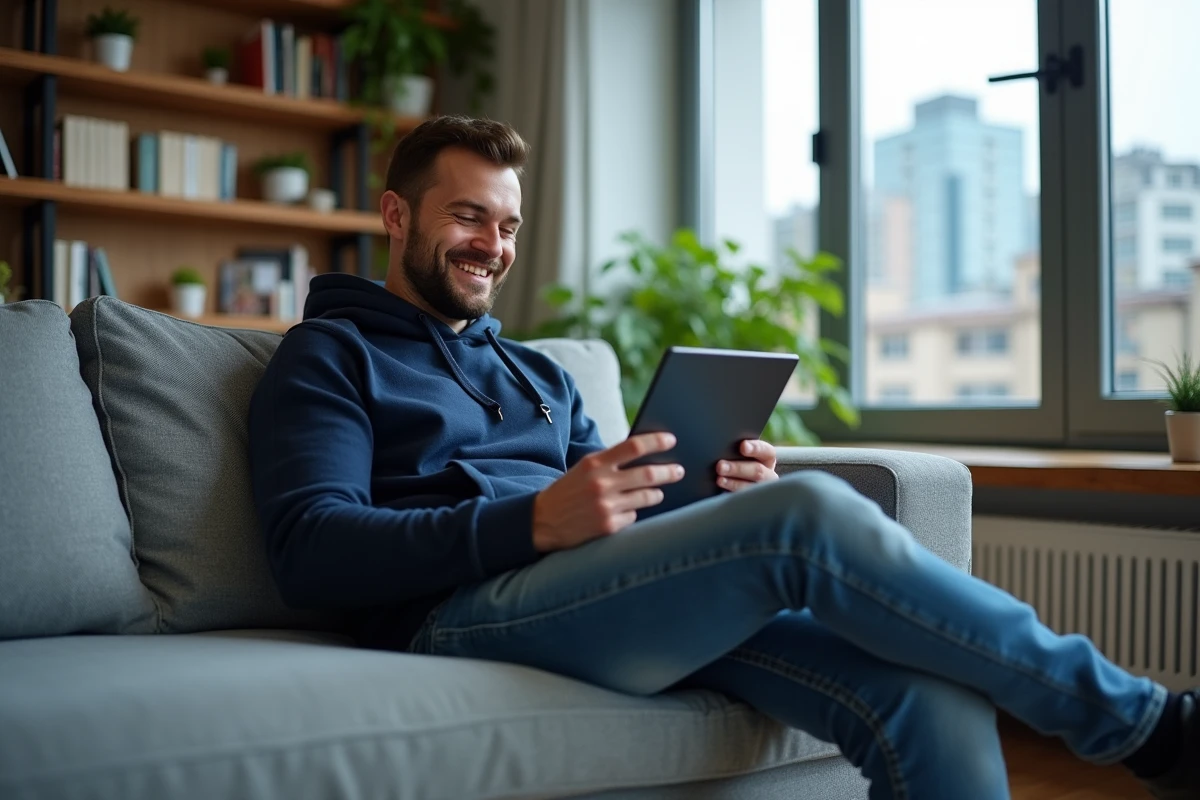Jeune homme sur canapé avec tablette dans un salon cosy