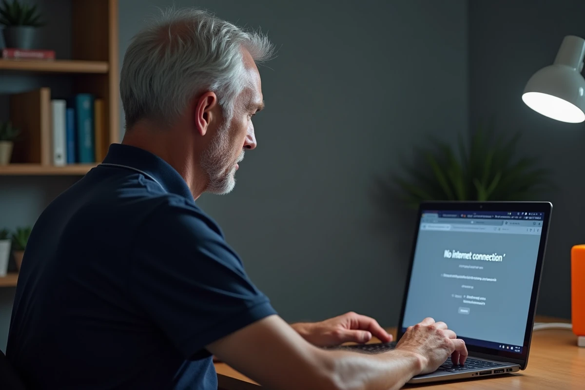 Homme en télétravail face à une erreur de connexion internet avec box Orange en arrière-plan
