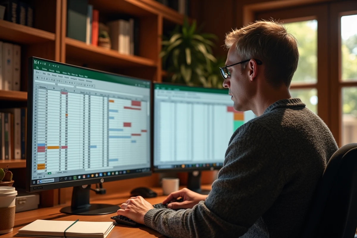 Homme en télétravail identifiant les doublons Excel sur deux écrans dans un bureau à domicile