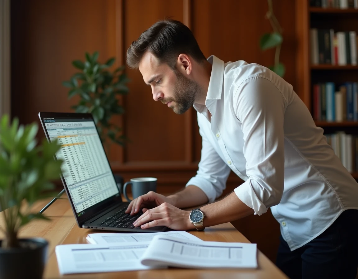 Homme en télétravail consultant un fichier Excel volumineux avec des en-têtes figés sur son ordinateur portable dans un bureau à domicile