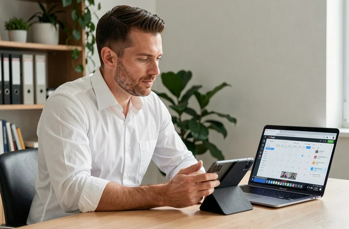 Homme en télétravail participant à une visioconférence professionnelle sur un smartphone Google Pixel