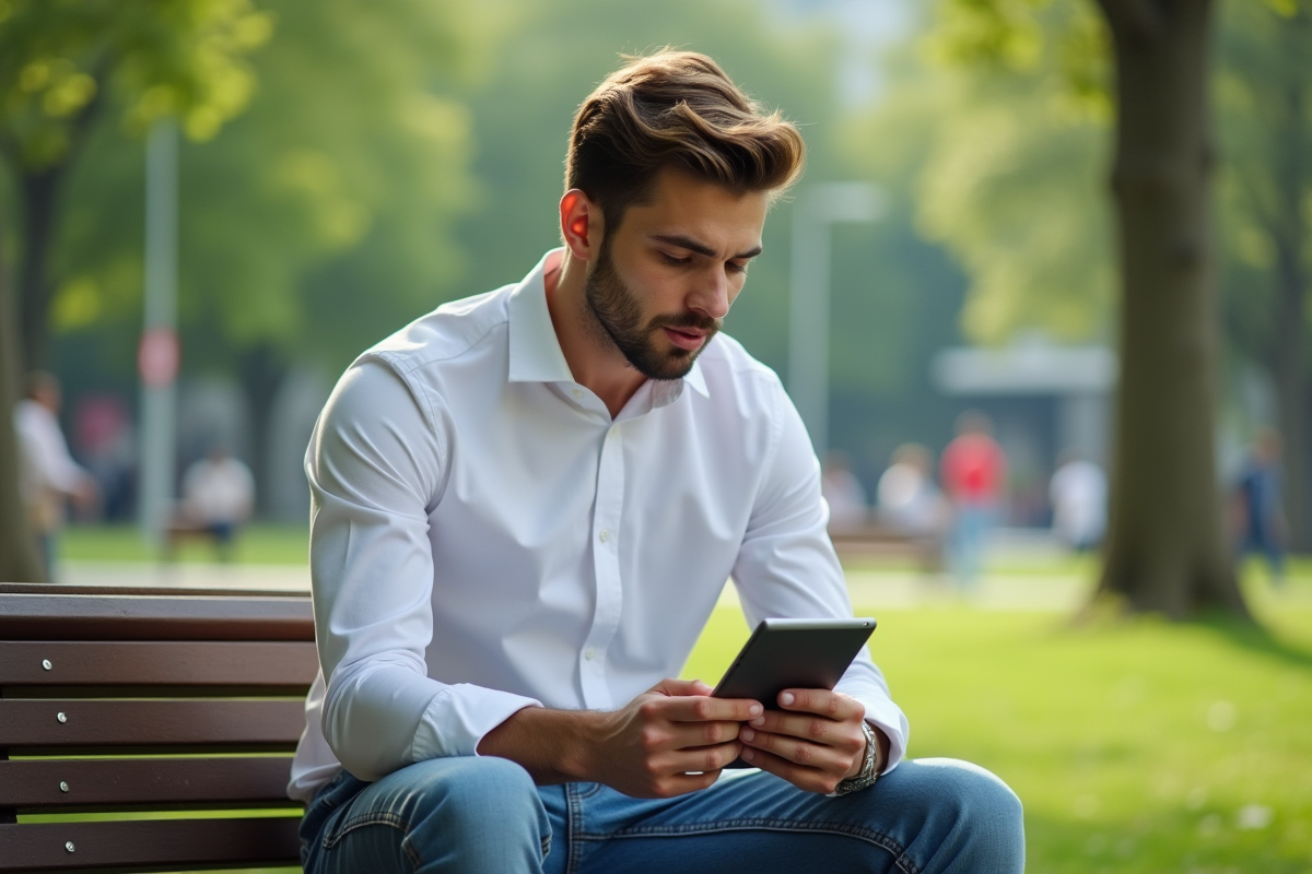 Jeune homme utilisant une tablette dans un parc urbain