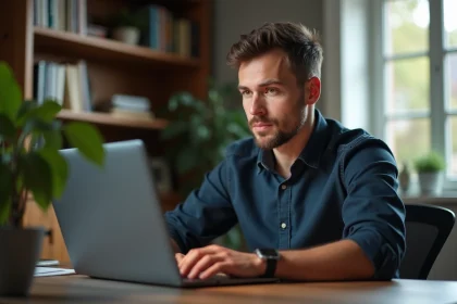 Homme consultant un site web suspect sur son ordinateur portable dans un bureau à domicile