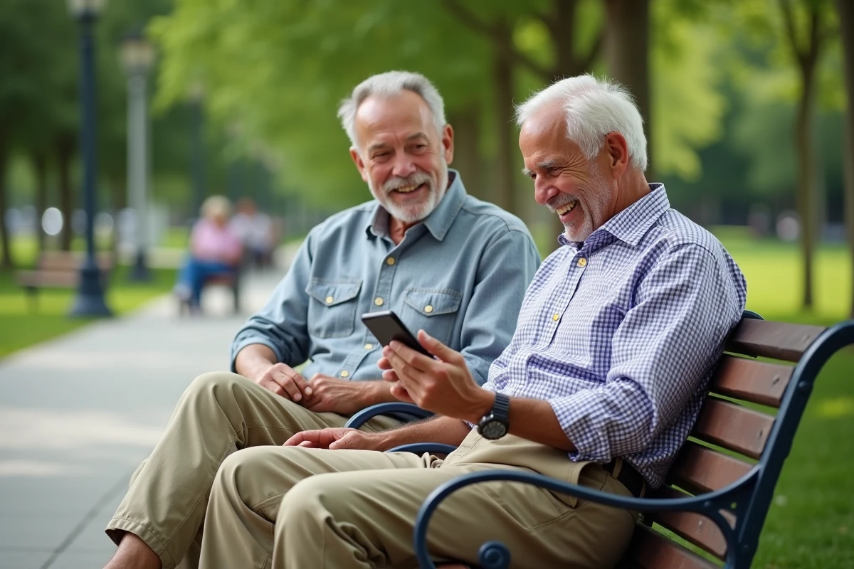 Hommes seniors discutant avec smartphone dans un parc