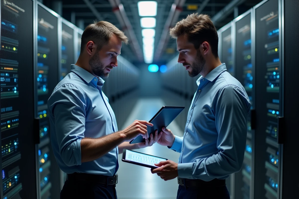 Deux hommes en tech analysant des données dans une salle serveurs