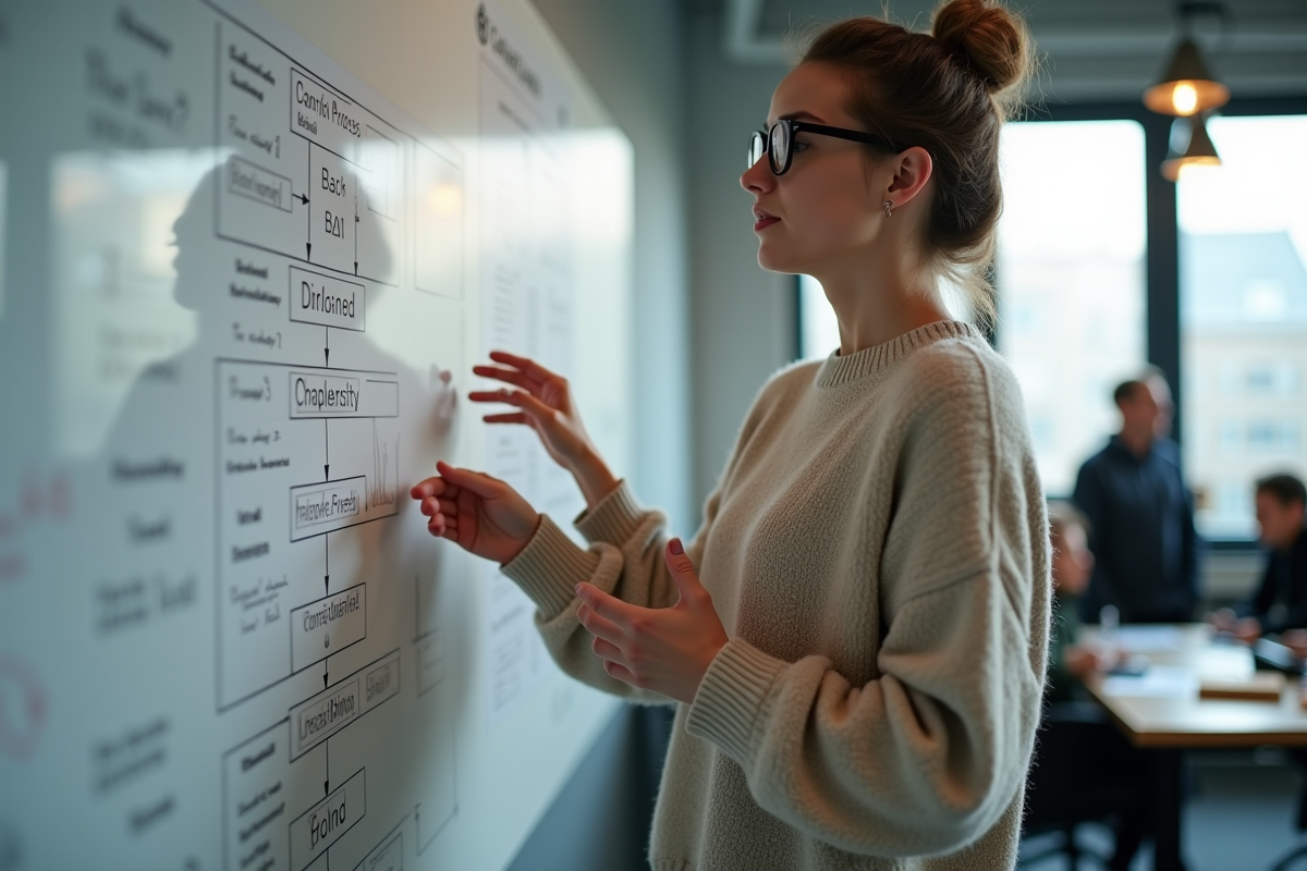 Jeune femme ingénieure expliquant un flux sur tableau blanc