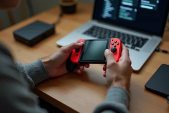 Mains inspectant une manette Joy-Con Nintendo Switch d'occasion avant de la synchroniser
