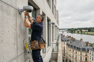 Technicien installant un système de vidéosurveillance sur un bâtiment commercial dans les Pays de la Loire
