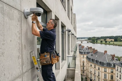 Technicien installant un système de vidéosurveillance sur un bâtiment commercial dans les Pays de la Loire