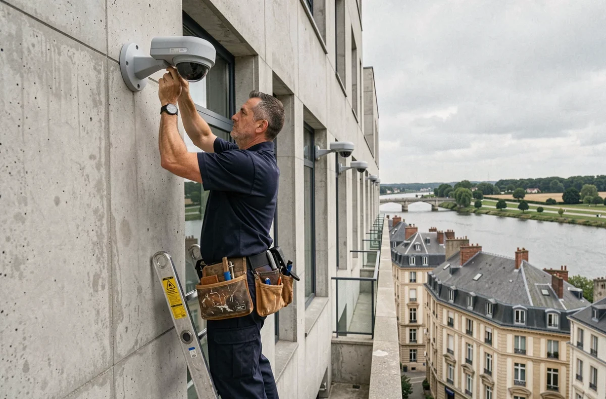 Technicien installant un système de vidéosurveillance sur un bâtiment commercial dans les Pays de la Loire