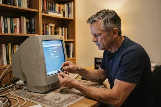 Homme installant Windows 7 64 bits sur un ancien PC de bureau via une clé USB dans un bureau à domicile encombré