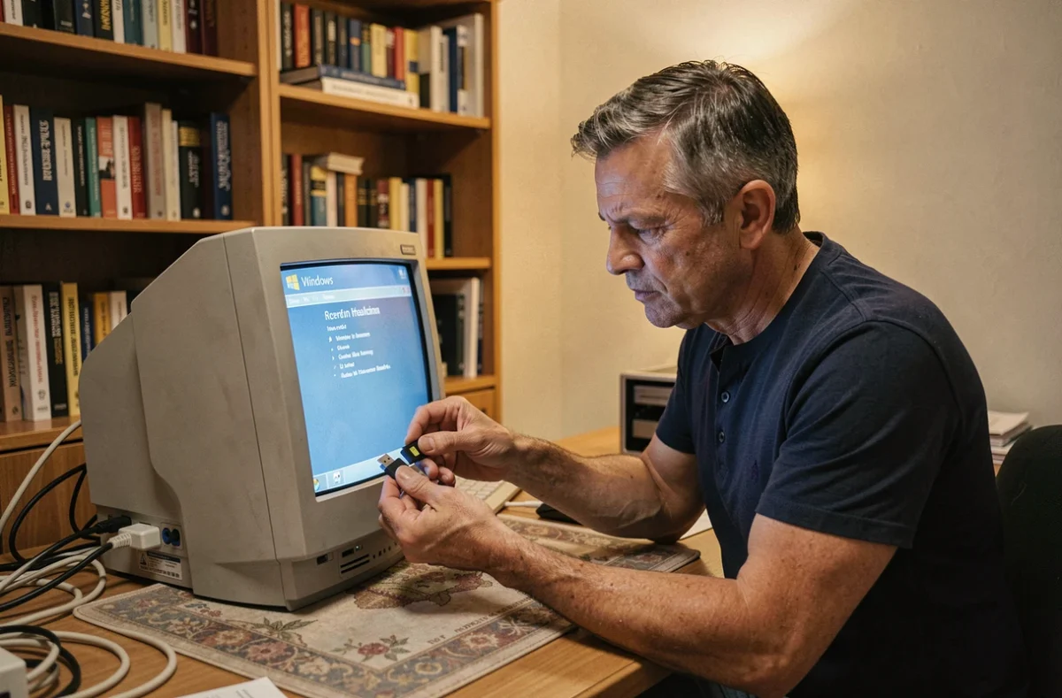 Homme installant Windows 7 64 bits sur un ancien PC de bureau via une clé USB dans un bureau à domicile encombré