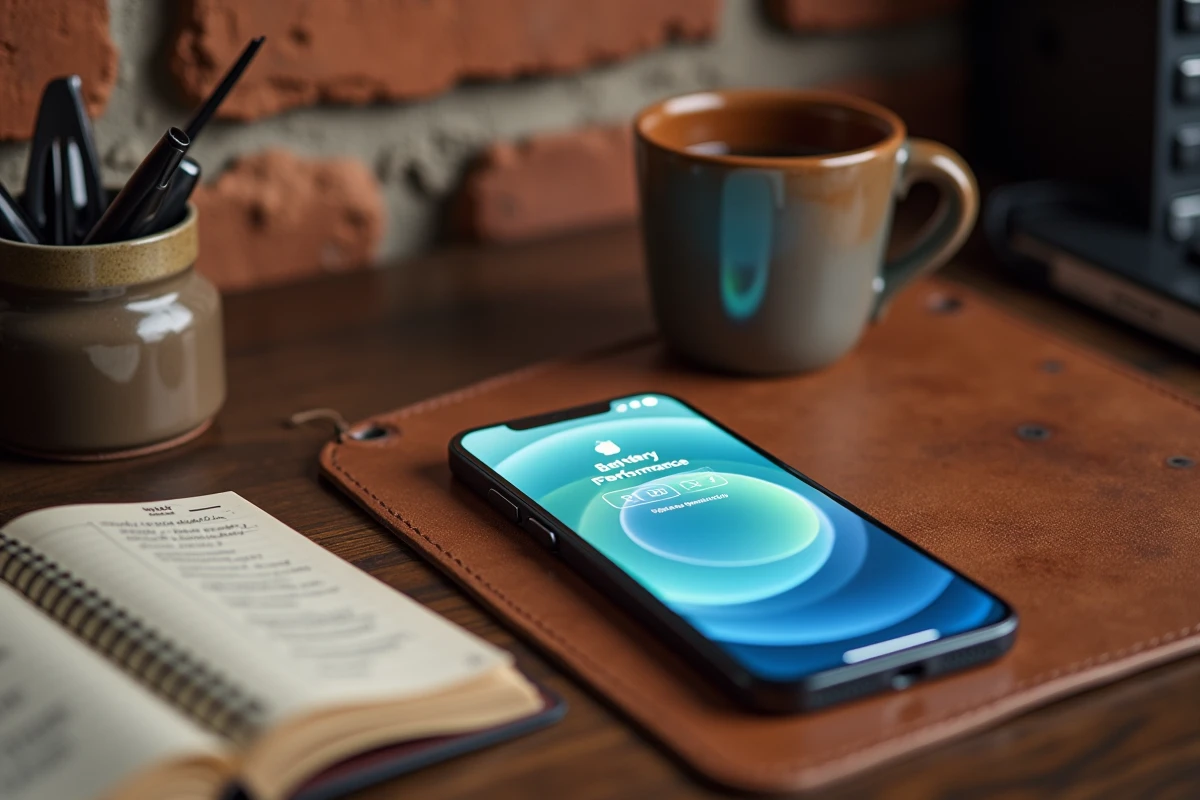iPhone 12 Pro affichant les paramètres de batterie iOS posé sur un bureau vintage avec carnet de notes