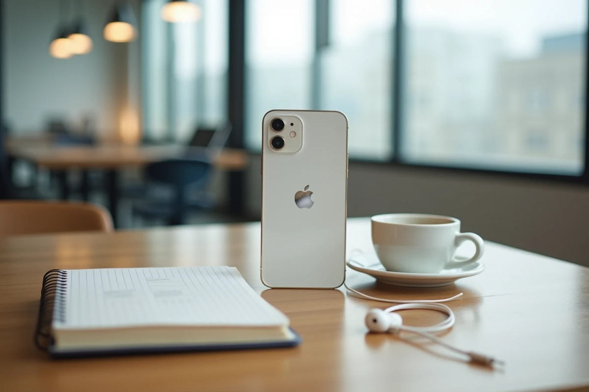 iPhone 16e posé sur un bureau en bois dans un espace de co-working avec carnet et café