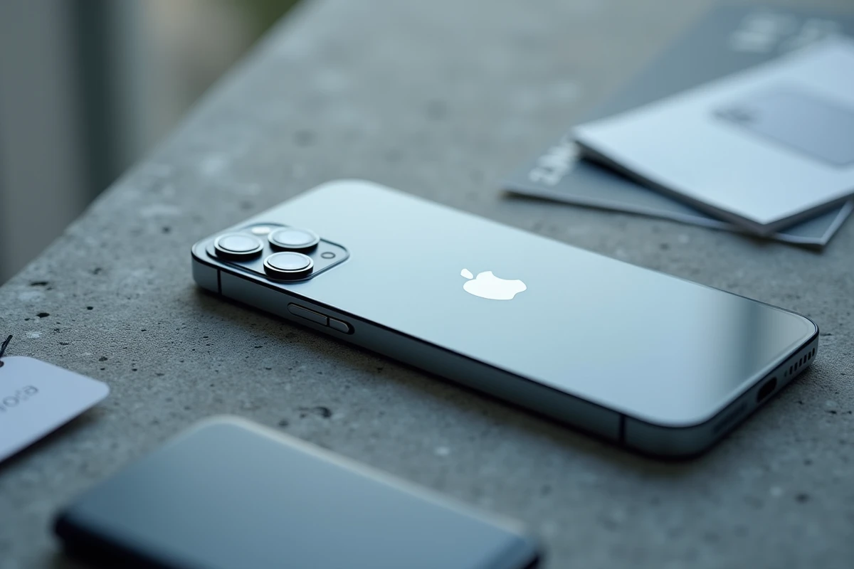 Gros plan de l'iPhone 16e sur béton montrant le module caméra et la finition aluminium