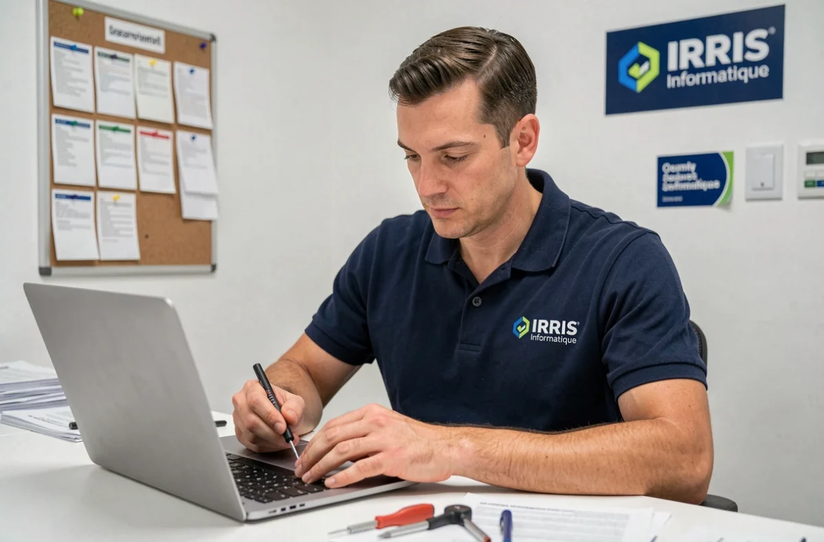 Technicien IRRIS Informatique réparant un ordinateur portable dans un bureau propre et professionnel