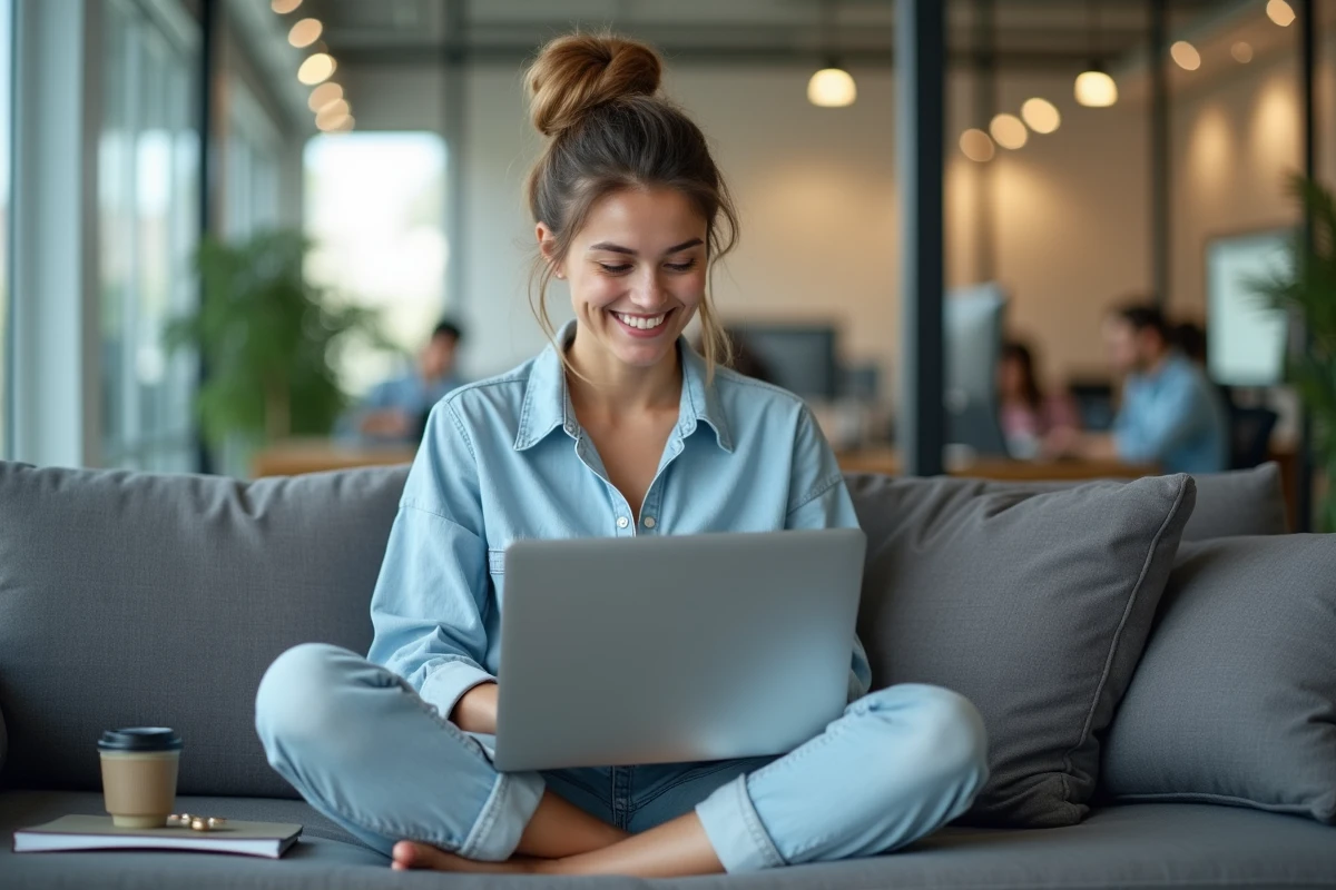 Jeune bénévole d'association lisant ses emails via une messagerie professionnelle à petit prix dans un espace de coworking