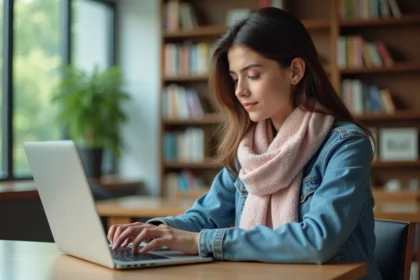 Étudiante en denim et foulard ajuste ses emails dans un lounge moderne