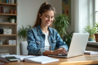 Jeune femme souriante dans un bureau à domicile moderne