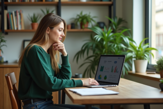Jeune femme en jeans et pull vert dans un bureau lumineux
