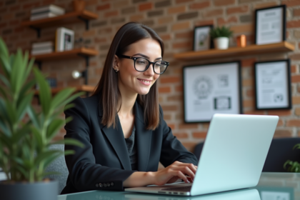 Jeune femme concentrée travaillant sur un ordinateur dans un bureau moderne