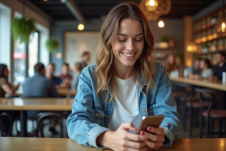 Jeune femme au café utilisant son smartphone